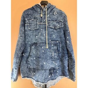 Imperious Mens Distressed Acid Wash Paint‎ Splatter Denim Look Hoodie Blue M